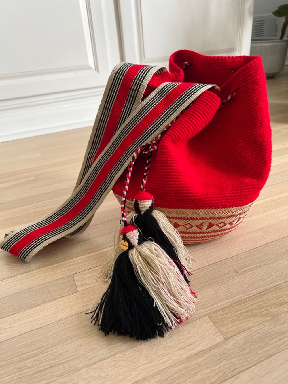 Handwoven Red Bucket Bag with Striped Strap Mochila Style